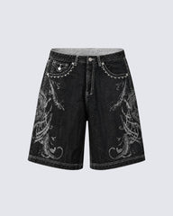 Retro Distressed Heavy-Duty Design Printed Shorts
