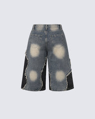 American-Style Distressed Washed Color-Blocked Ripped Capri Pants