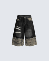 Patchwork Ripped Denim Shorts with Camo Hem