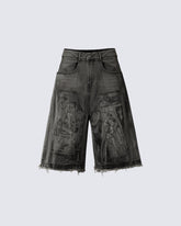 Vintage Graphic Washed Five-Length Denim Shorts