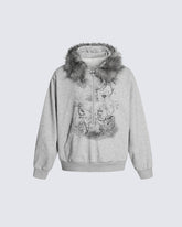 Lightweight Fuzzy Printed Half-Zip Cropped Hoodie