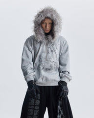 Lightweight Fuzzy Printed Half-Zip Cropped Hoodie