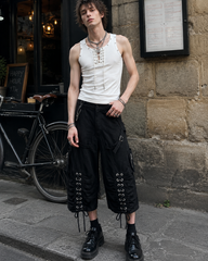 Distressed Cargo Wide-Leg Pants with Straps