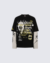 Layered Sleeve Grunge Graphic Long Sleeve T-Shirt