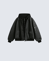 Black Leather Bomber Hoodie Jacket