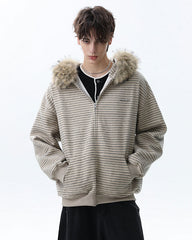 Striped Hoodie Jacket with Fur Trim