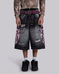 Distressed New Tribal Print Denim Shorts