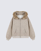 Striped Hoodie Jacket with Fur Trim