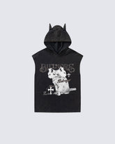 Vintage Cat Graphic Bat Sleeve Vest Hoodie