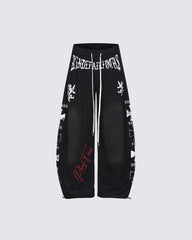 Black Gothic Letter Print Wide-Leg Sweatpants