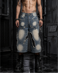 American-Style Distressed Washed Color-Blocked Ripped Capri Pants