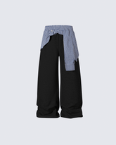 Plaid Shirt-Waist Wide-Leg Sweatpants
