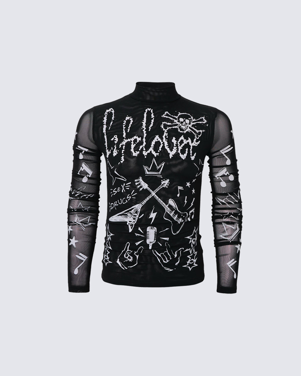 Gothic Rock Graphic Sheer Mesh Long Sleeve Tee