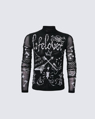 Gothic Rock Graphic Sheer Mesh Long Sleeve Tee