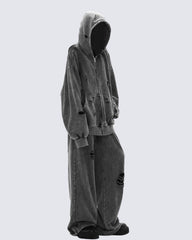 Distressed Washed Zip-Up Hoodie