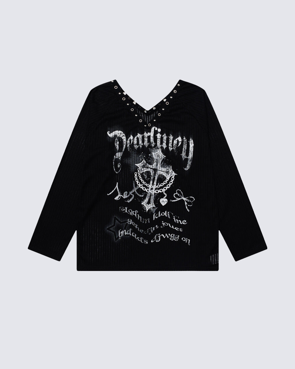 Gothic Printed Long Sleeve Top with Studded Neckline