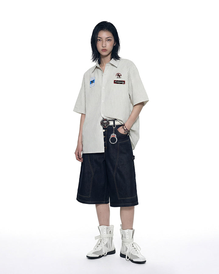 Y2K Embroidered Patch Print Turn-Down Short Sleeve Shirt