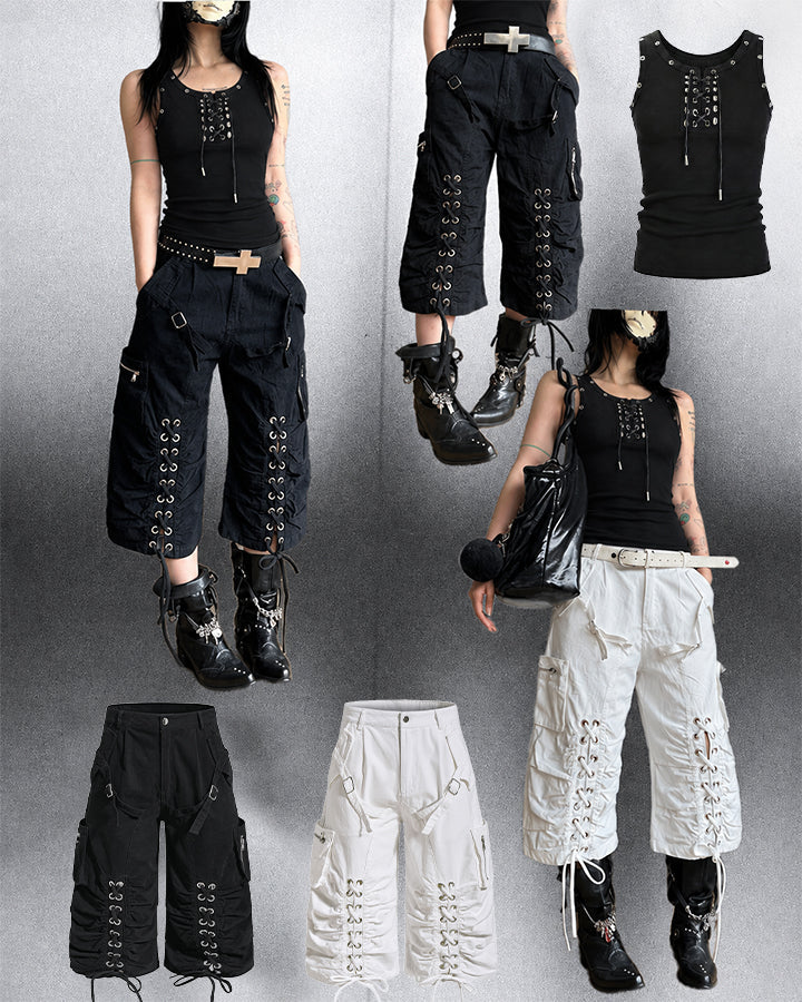 Distressed Cargo Wide-Leg Pants with Straps