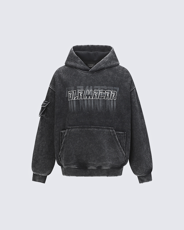 Washed Letter Print Hoodie with Utility Pocket