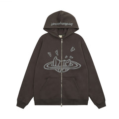 Broken Planet Puff Print Fleece Zip Up Hoodie