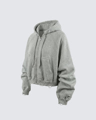 LOW SATURATION-Distressed Cropped Zip-Up Hoodie