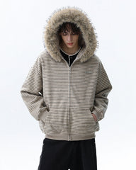 Striped Hoodie Jacket with Fur Trim
