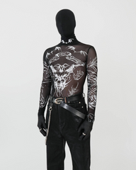 Gothic Mesh Long Sleeve Top with Graphic Print