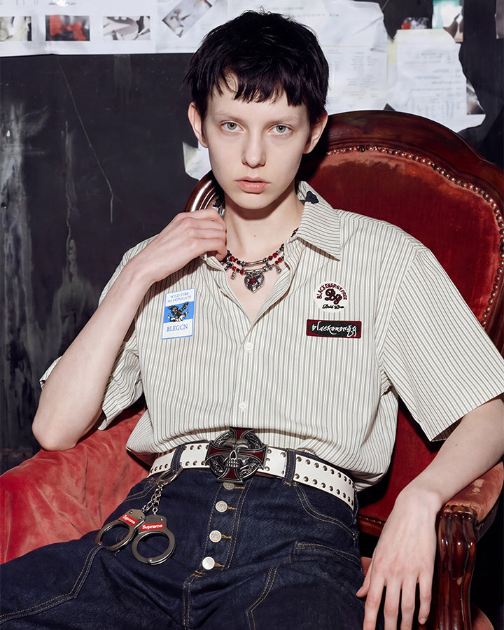 Y2K Embroidered Patch Print Turn-Down Short Sleeve Shirt
