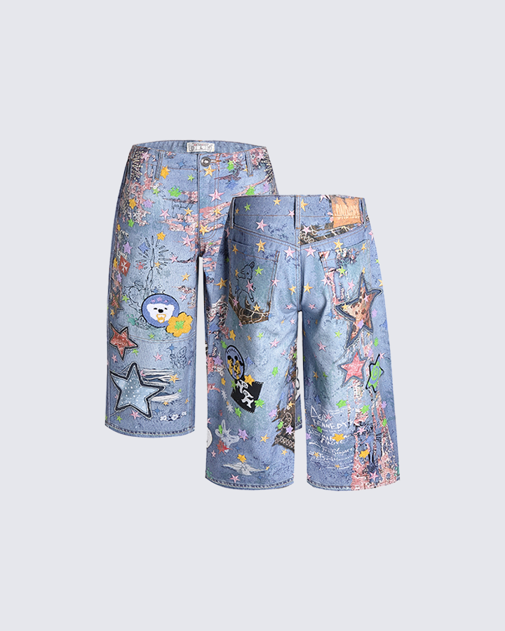 Cartoon Graffiti Print Straight Denim Shorts