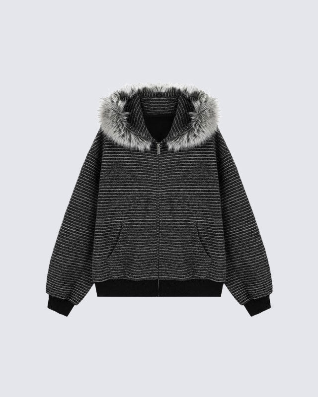 Striped Hoodie Jacket with Fur Trim
