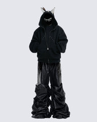 Horned Studded Zip-Up Hoodie with Ear Detail