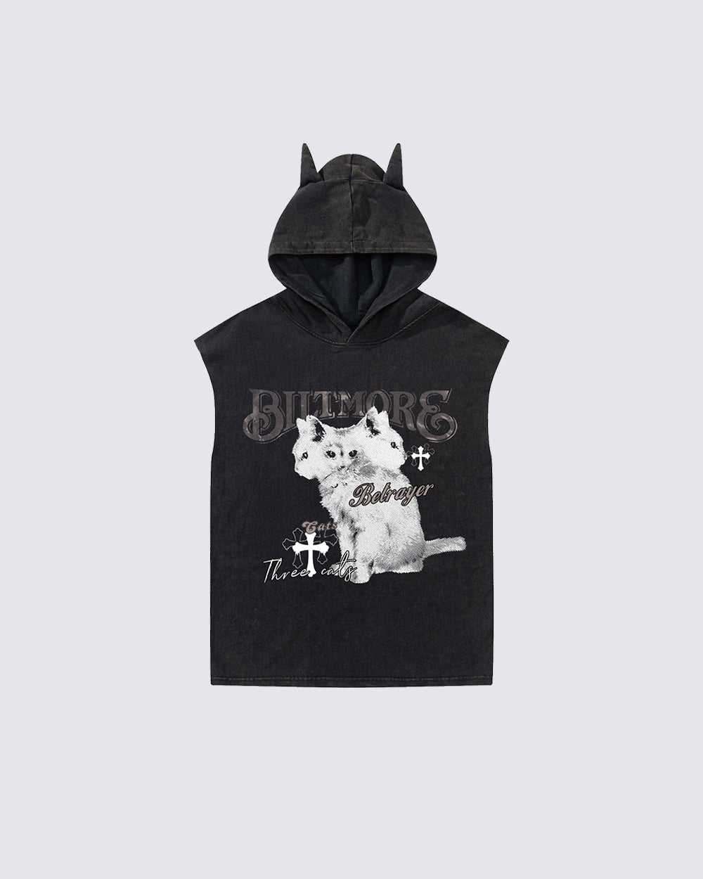 Vintage Cat Graphic Bat Sleeve Vest Hoodie