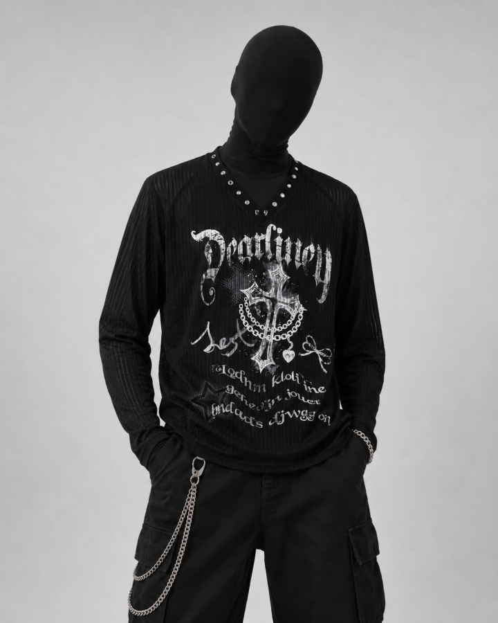 Gothic Printed Long Sleeve Top with Studded Neckline