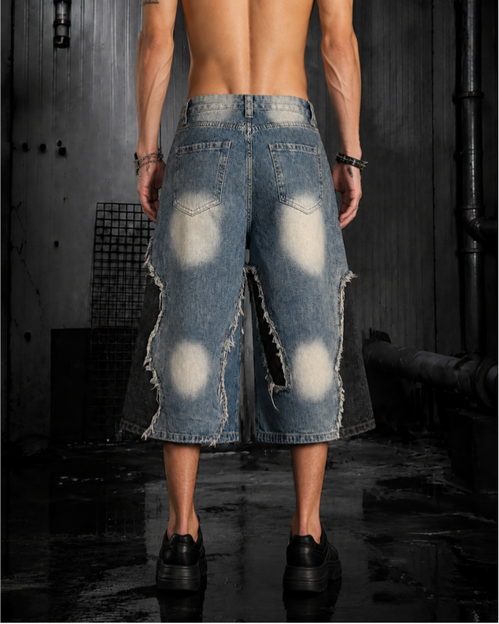 American-Style Distressed Washed Color-Blocked Ripped Capri Pants