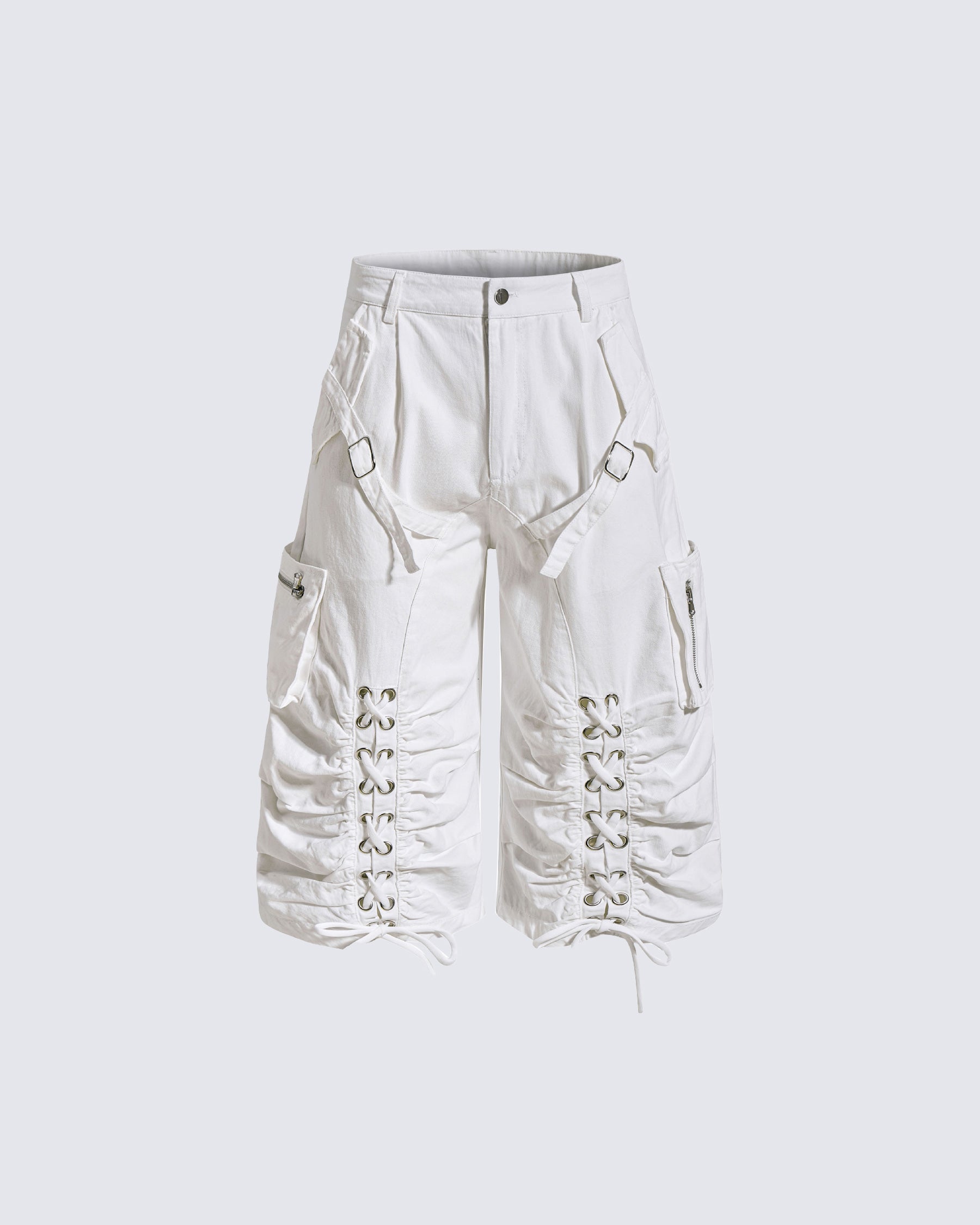 Distressed Cargo Wide-Leg Pants with Straps