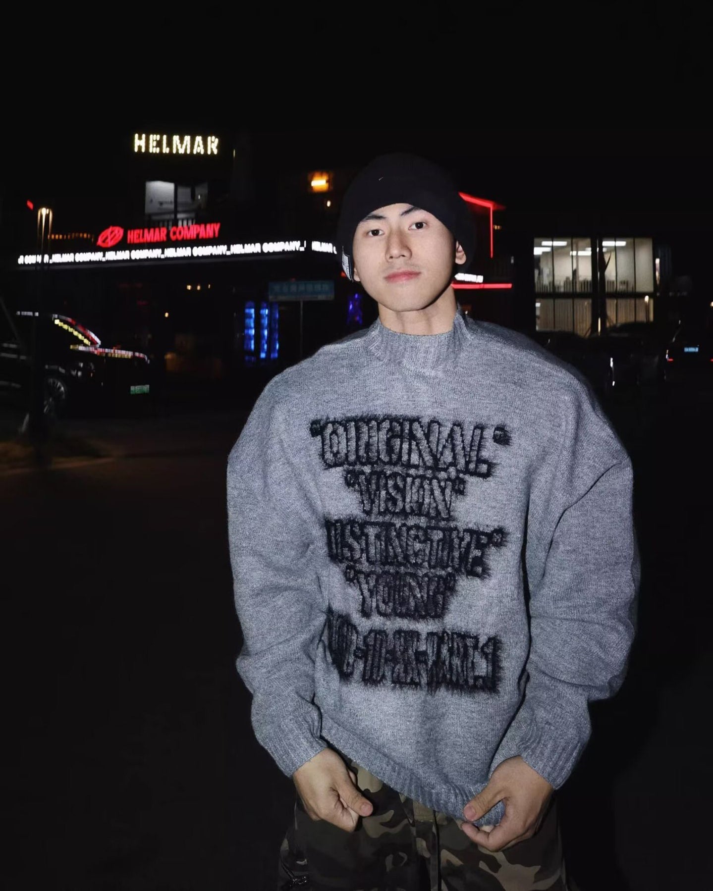 Retro Text Knit Crewneck Sweater