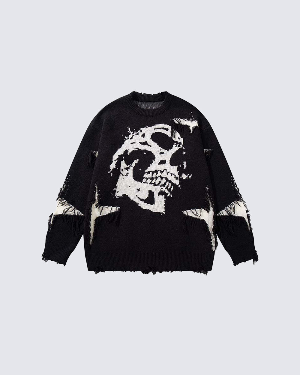 American Retro Skull Jacquard Raw-Edge Long-Sleeve Sweater