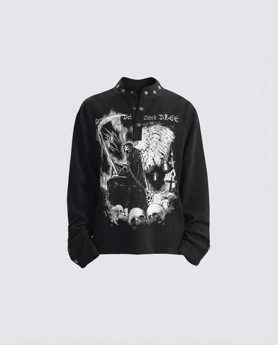 Street Printed Stand Collar Long Sleeve Polo Shirt