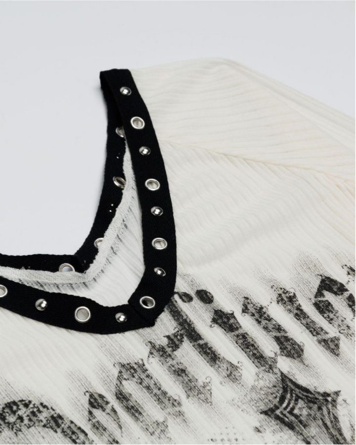 Gothic Printed Long Sleeve Top with Studded Neckline